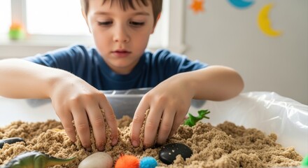 young child playing with colorful kinetic sand indoors, focusing on creativity and imagination
