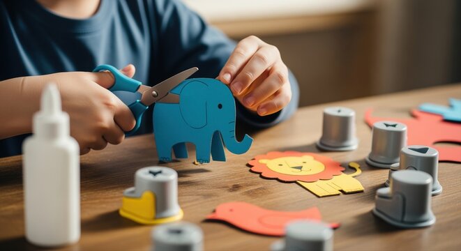 child cutting blue elephant paper craft at home with colorful animal cutouts on wooden table