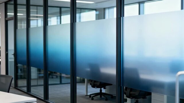 Medium shot showcasing tinted smart glass panels reducing glare and enhancing privacy in a modern office environment