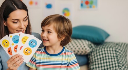 young woman teaching emotions to a smiling child using flashcards in a cozy classroom setting