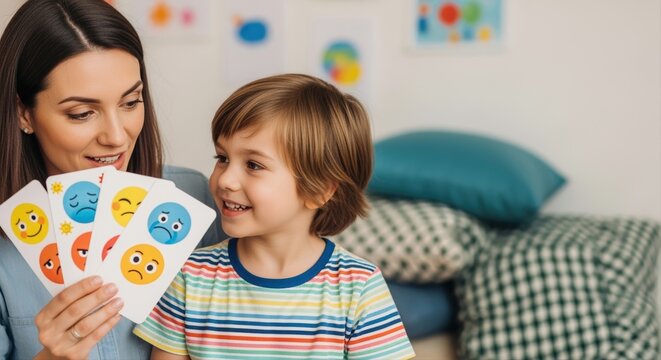 young woman teaching emotions to a smiling child using flashcards in a cozy classroom setting