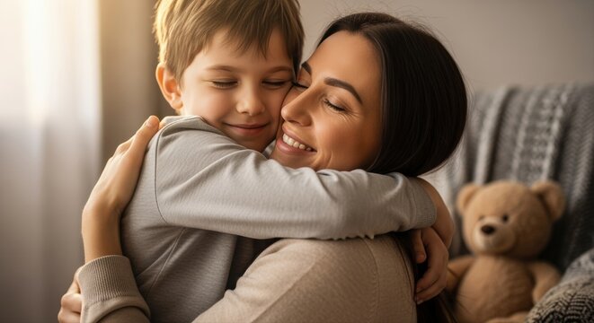 happy young mother hugging her son with love at home in a cozy warm setting