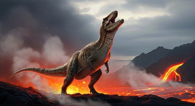 A Tyrannosaurus rex stands on a rocky cliff during the Jurassic period. It opens its mouth and roars as hot lava flows down the mountain in the background - Powered by Adobe