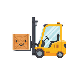 Cartoon Forklift Truck Lifting a Smiling Wooden Crate