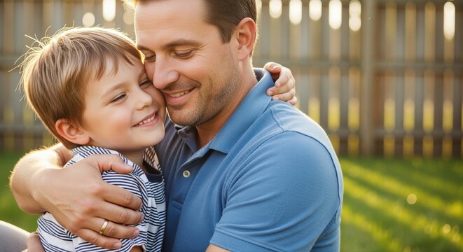 father and young son sharing a joyful embrace in a backyard during a sunny afternoon - Powered by Adobe