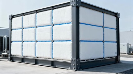 Thermal storage facility in medium shot emphasizing advanced insulation and robust construction aimed at maximizing energy efficiency and sustainability.