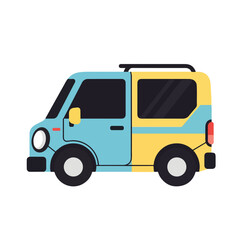 Colorful Cartoon Camper Van Illustration in Blue and Yellow