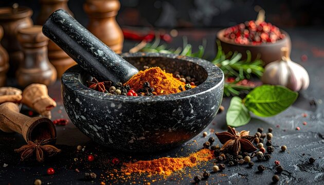 Close Up of a Black Mortar and Pestle Filled with Spices with Additional Spice Ingredients in Rustic Setting - Powered by Adobe