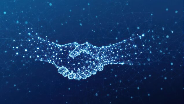 Digital handshake illustration representing business partnership and agreement.