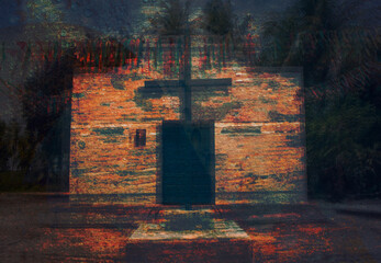 Abstract textured chapel with cross in artistic light.