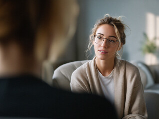 Woman engaged in meaningful conversation with a friend in a cozy indoor setting during the afternoon