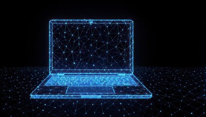 Digital laptop computer with glowing blue lines and dots on black background.