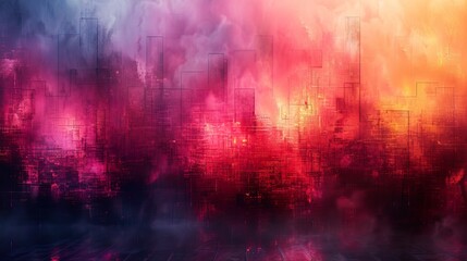 Futuristic neon cityscape in pink orange gradient haze, generative ai