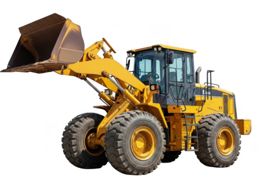 Yellow front end loader construction vehicle isolated on transparent background