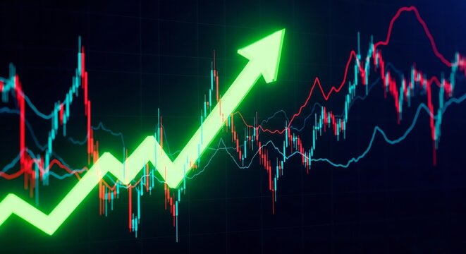 A glowing green arrow indicates upward movement against candlestick data chart background