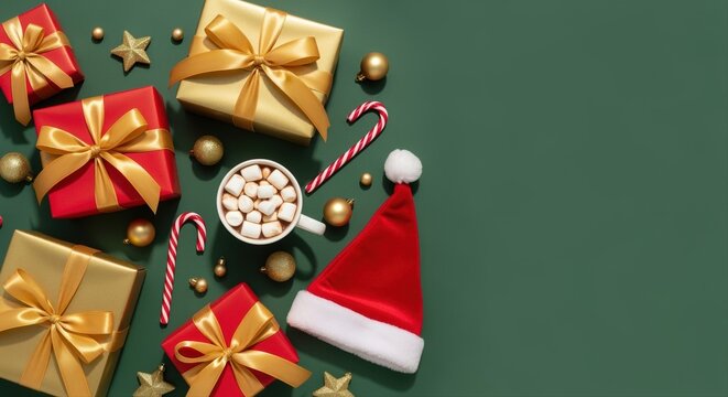 festive christmas scene with gifts, santa hat, candy canes, and hot chocolate on green background