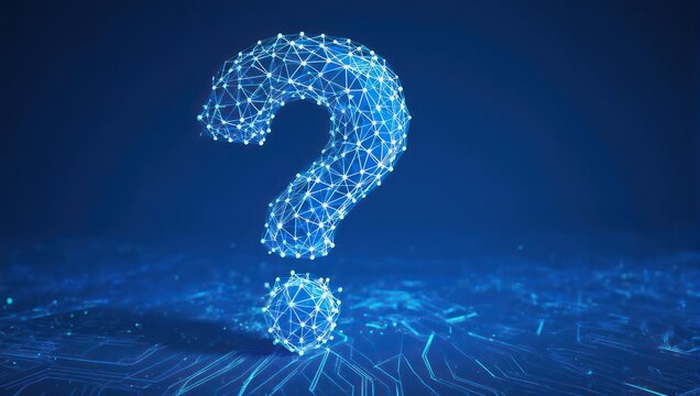 Digital Question Mark Symbol on Blue Background Representing Inquiry and Technology. - Powered by Adobe