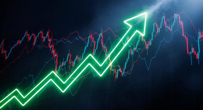 A vibrant green arrow ascends powerfully amidst abstract financial market data on a dark backdrop