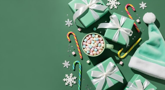 festive christmas flatlay with gifts, candy canes, and green santa hat on green background