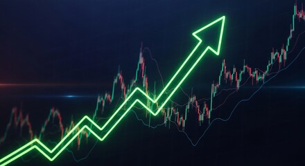 A vibrant neon green arrow ascends across a financial chart, indicating upward trend and growth