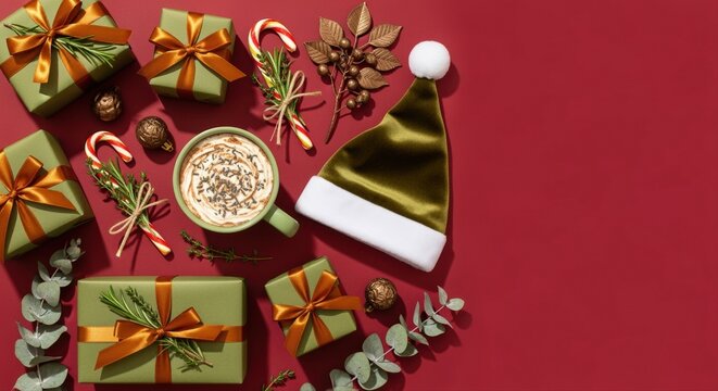 festive christmas flat lay with gift boxes, candy canes, and santa hat on red background - Powered by Adobe