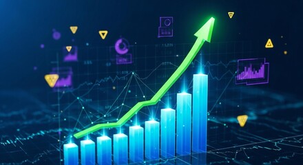 Abstract financial chart displays upward trend with green arrow and rising bar graphs