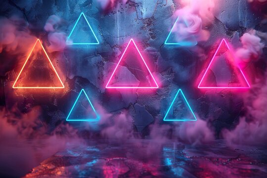 Glowing neon triangles with pink blue and orange lights on smoky textured wall, futuristic background, generative ai