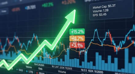 Bright green arrow pointing up on financial chart shows positive market trends in data
