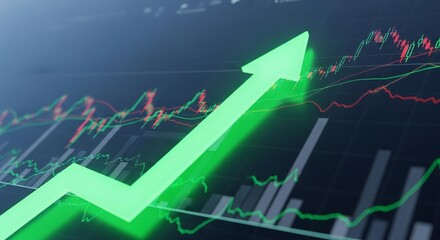 Bright green arrow visually soars above dynamic graphs and charts on a dark backdrop