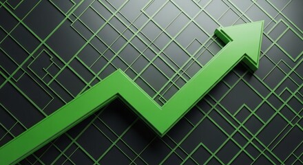 Bright green arrow dynamically ascends against an abstract geometric grid backdrop