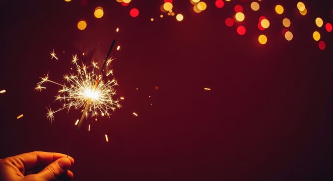 hand holding sparkler with colorful bokeh lights celebrating festive atmosphere