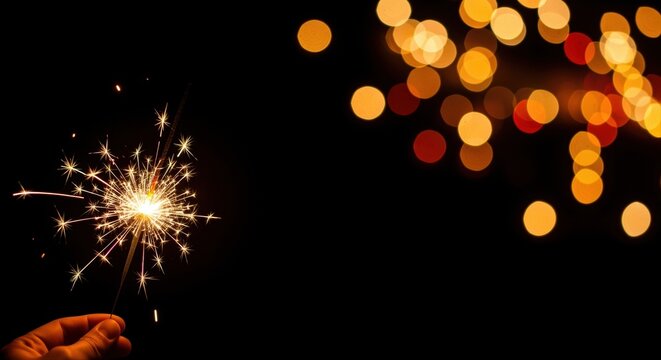 hand holding sparkler with festive bokeh lights in the dark celebrating new year