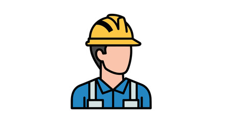 Illustration of a construction worker wearing a yellow hard hat and blue overalls