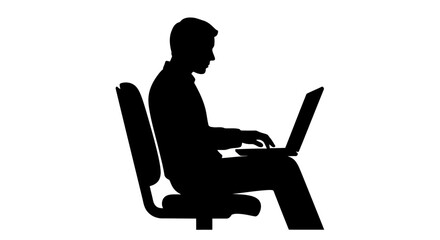 Silhouette of a man sitting on a chair and typing on a laptop computer