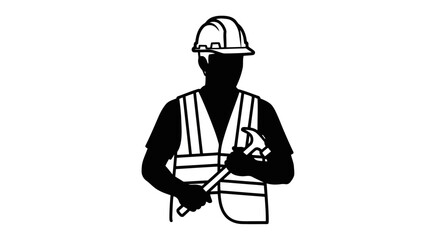Silhouette of a construction worker wearing a hard hat and safety vest, holding a hammer