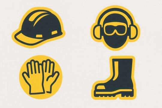 Essential construction safety gear icons including hard hat, gloves, protective eyewear, and durable boots emphasizing workplace safety standards and protection measures