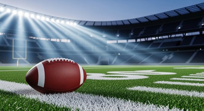 american football on the field under stadium lights during a night game with a focused atmosphere