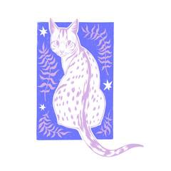 Vector hand-drawn illustration of a cat with decorative elements. Sketch for t-shirt design.