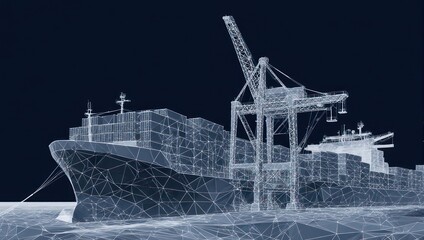 Digital Wireframe of a Cargo Ship Being Loaded by a Crane in a Port.
