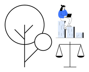 Woman working on laptop seated atop ascending bars, minimalist tree outline, and balance scales. Ideal for themes thumbs up growth, equality, productivity, sustainability, education, justice