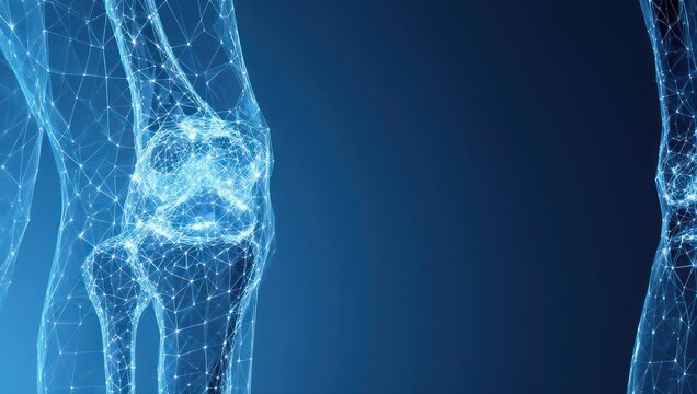 Digital Wireframe of Human Knee Joint with Blue Glowing Particles.