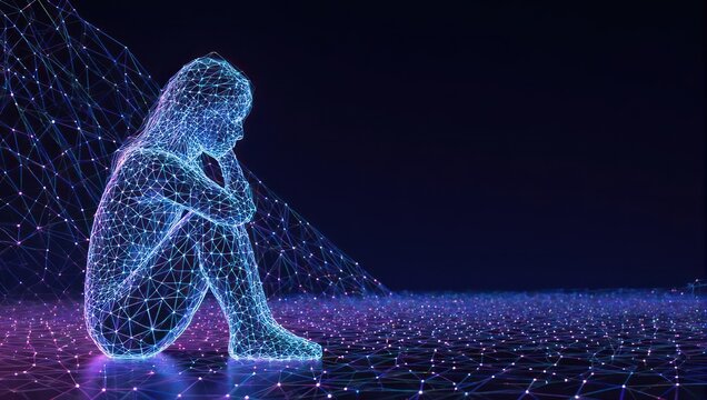 Digital Woman Silhouette Sitting in Thoughtful Pose with Futuristic Network Background.