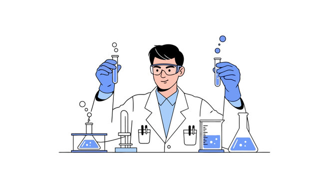 Scientist in a lab coat and goggles holding test tubes with blue liquid, surrounded by laboratory equipment and bubbles, illustration