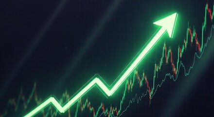 Vibrant green arrow ascends against a backdrop of financial charts and technical indicators