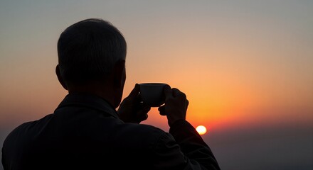 Silhouette of an elderly man holding a cup of coffee at sunrise. Senior person enjoying a quiet morning and contemplating the future. Retirement lifestyle concept