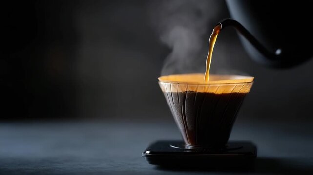Cinematic macro shot of a barista hand-dripping coffee in a glass dripper on a digital scale in a dark studio background. Steam curls in the air, with warm light illuminating the 4K