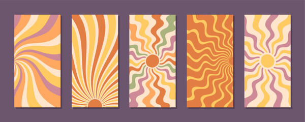 Retro groovy sun burst pattern set with wavy background, swirl and wave effect in orange and yellow. Y2k aesthetic combines sunshine sun shapes for a graphic with an energetic, modern vertical