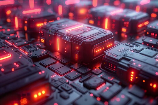 Futuristic glowing data blocks with red neon cyber technology grid, generative ai
