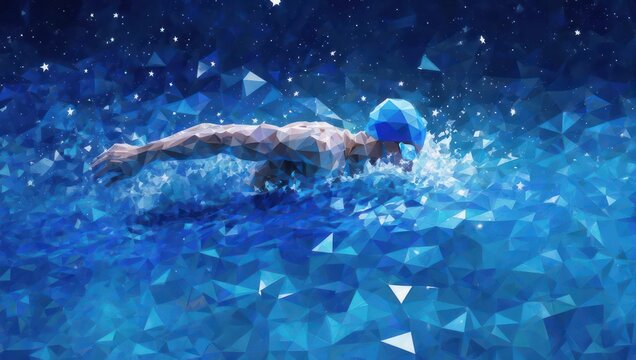 Dynamic Swimmer in a Luminous Blue Water with Geometric Light Effects. - Powered by Adobe