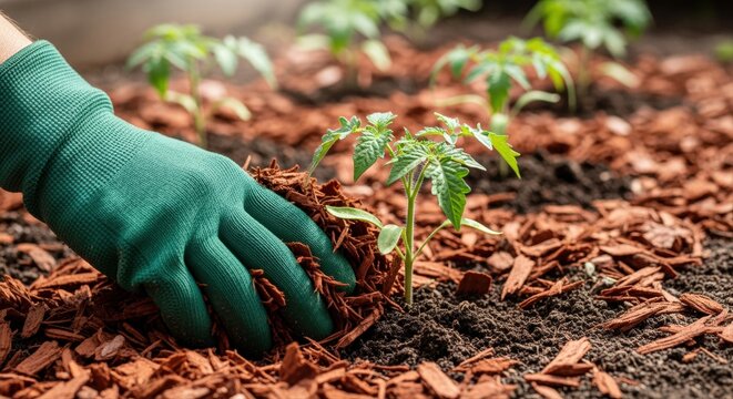 gardener tending young tomato plants with green gloves in a sunny backyard garden - Powered by Adobe